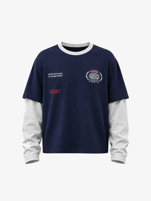 Doppellagiges Ringer Longsleeve mit Emblem-Print – Navy, Vorderansicht | XoKool