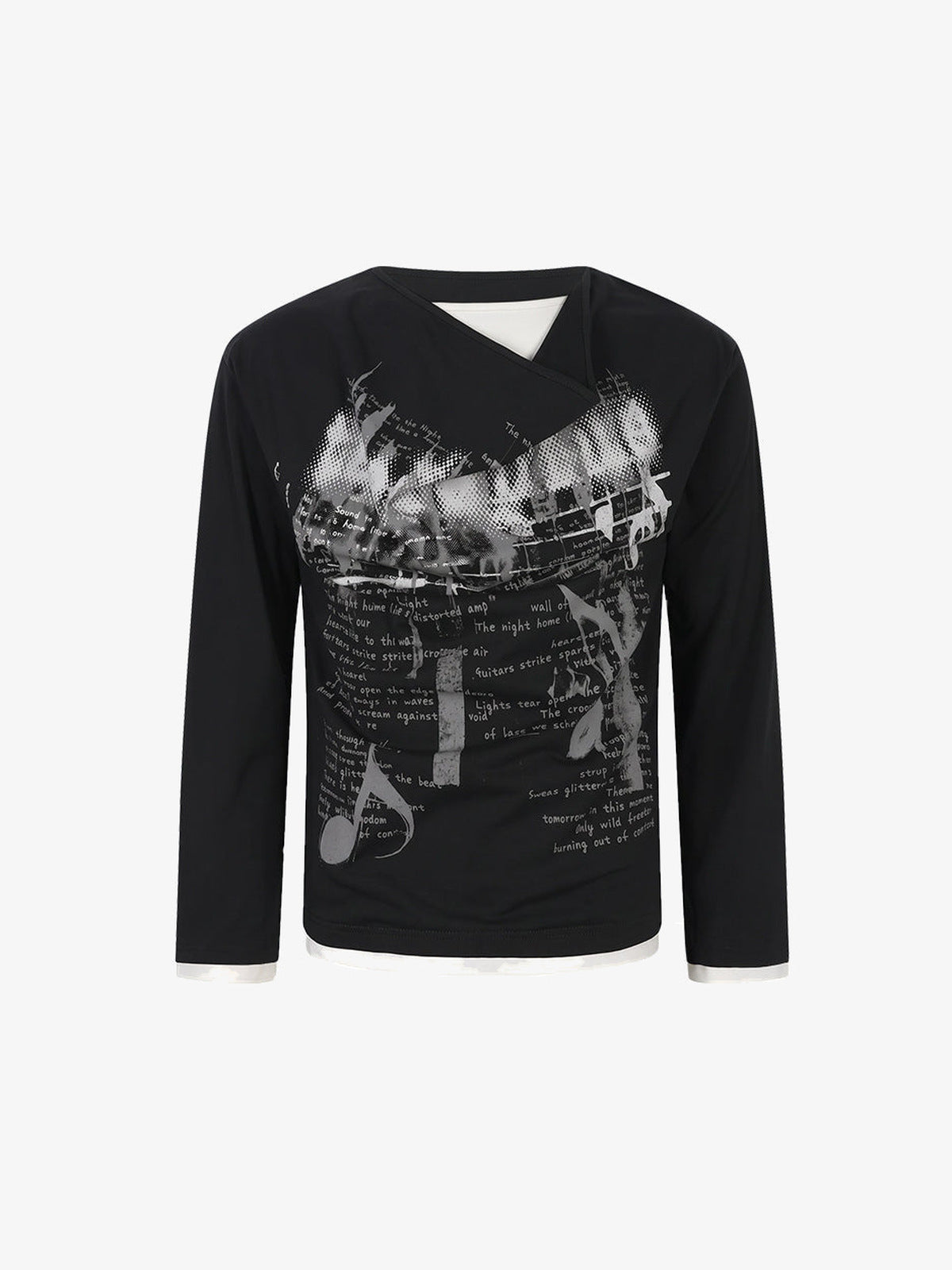 Doppellagiges Longsleeve mit Collage-Print – Schwarz, Vorderseite flach | XoKool