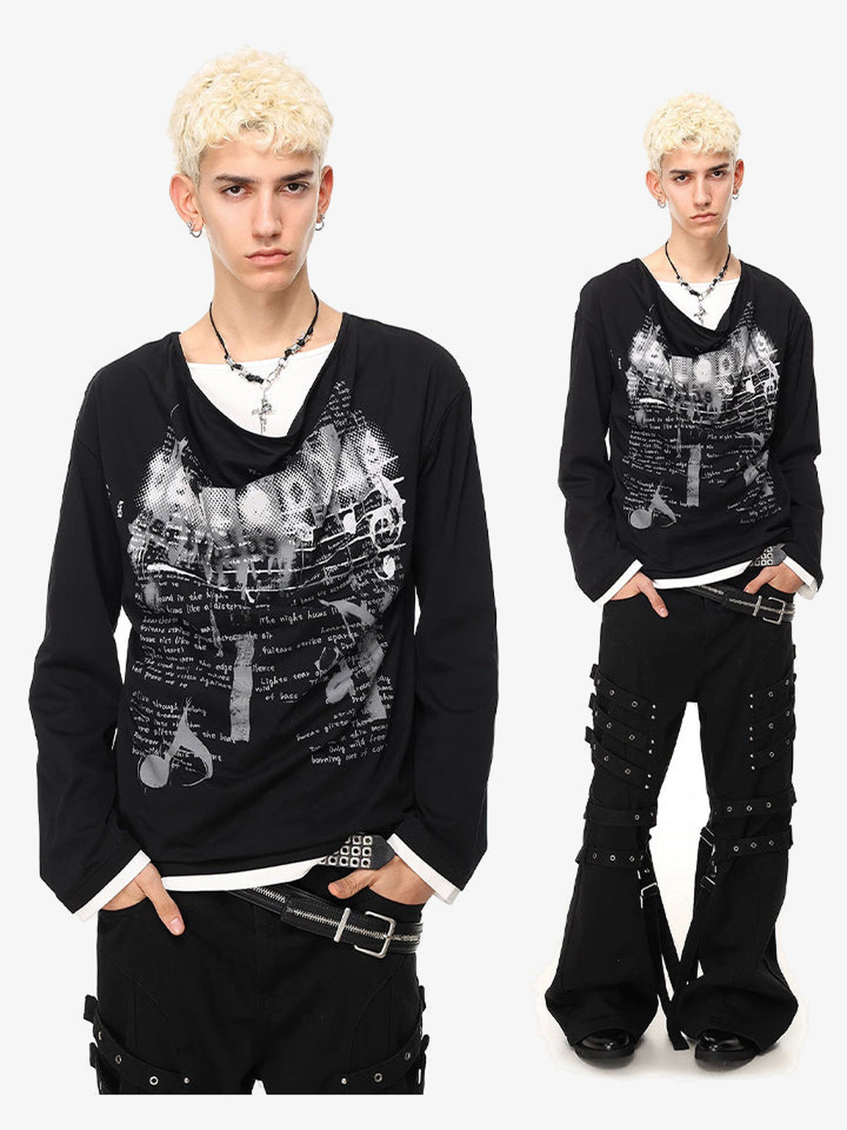 Doppellagiges Longsleeve mit Collage-Print – Schwarz, am Model von vorne mit komplettem Outfit | XoKool