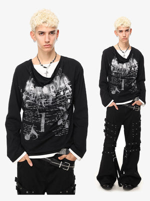 Doppellagiges Longsleeve mit Collage-Print – Schwarz, am Model von vorne mit komplettem Outfit | XoKool
