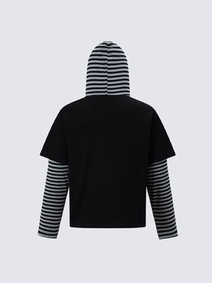 Layered striped hoodie – Black, back view | XoKool