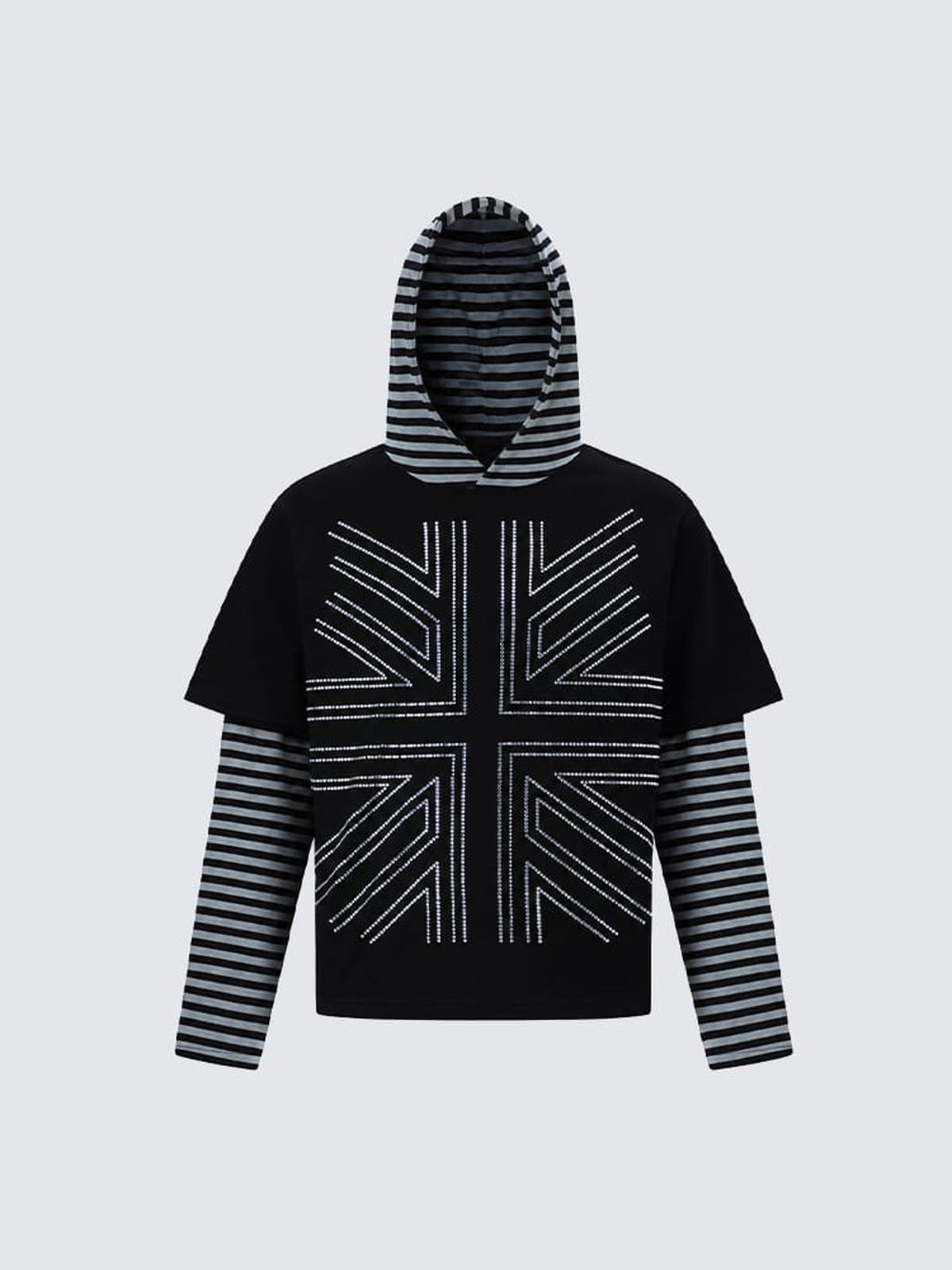 Double Layer Striped Sleeve Hoodie – Black, front view | XoKool