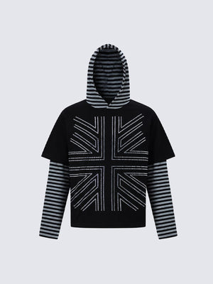 Double Layer Striped Sleeve Hoodie – Black, front view | XoKool