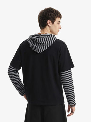 Layered striped hoodie – Black, on model back | XoKool