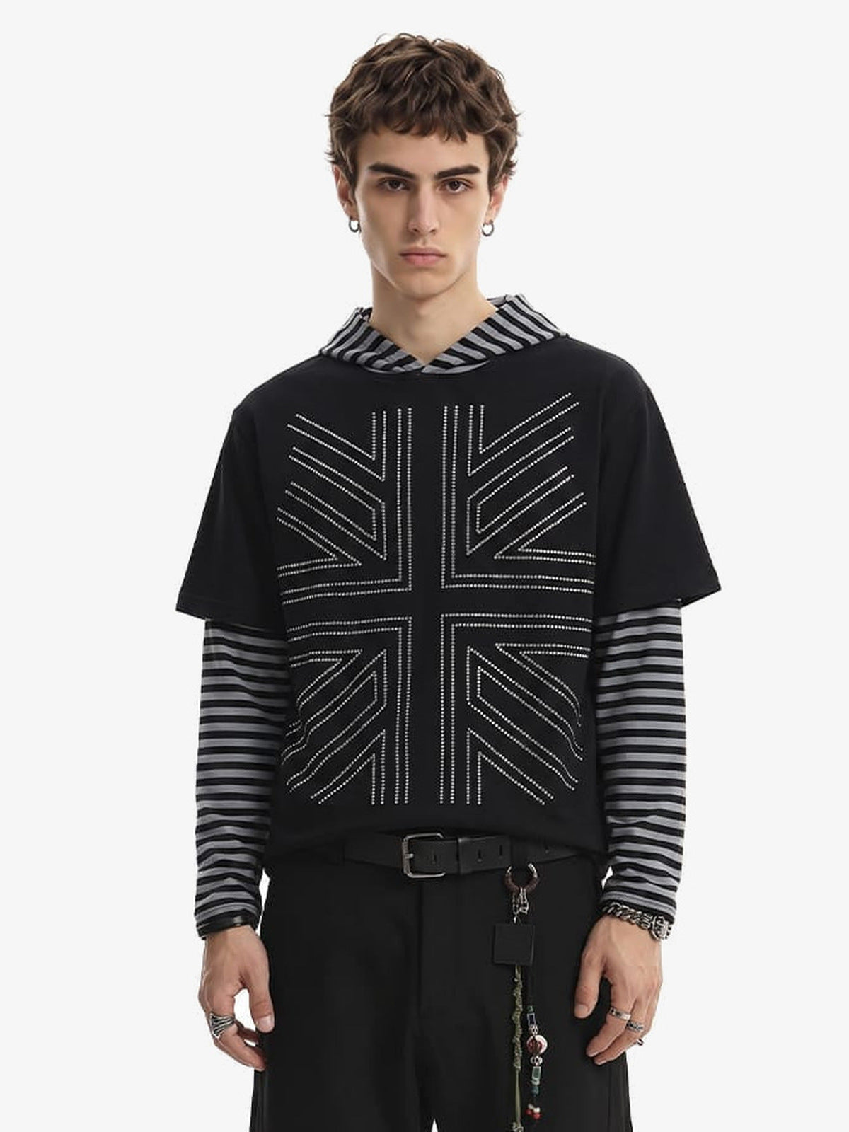 Layered striped hoodie – Black, on model front | XoKool