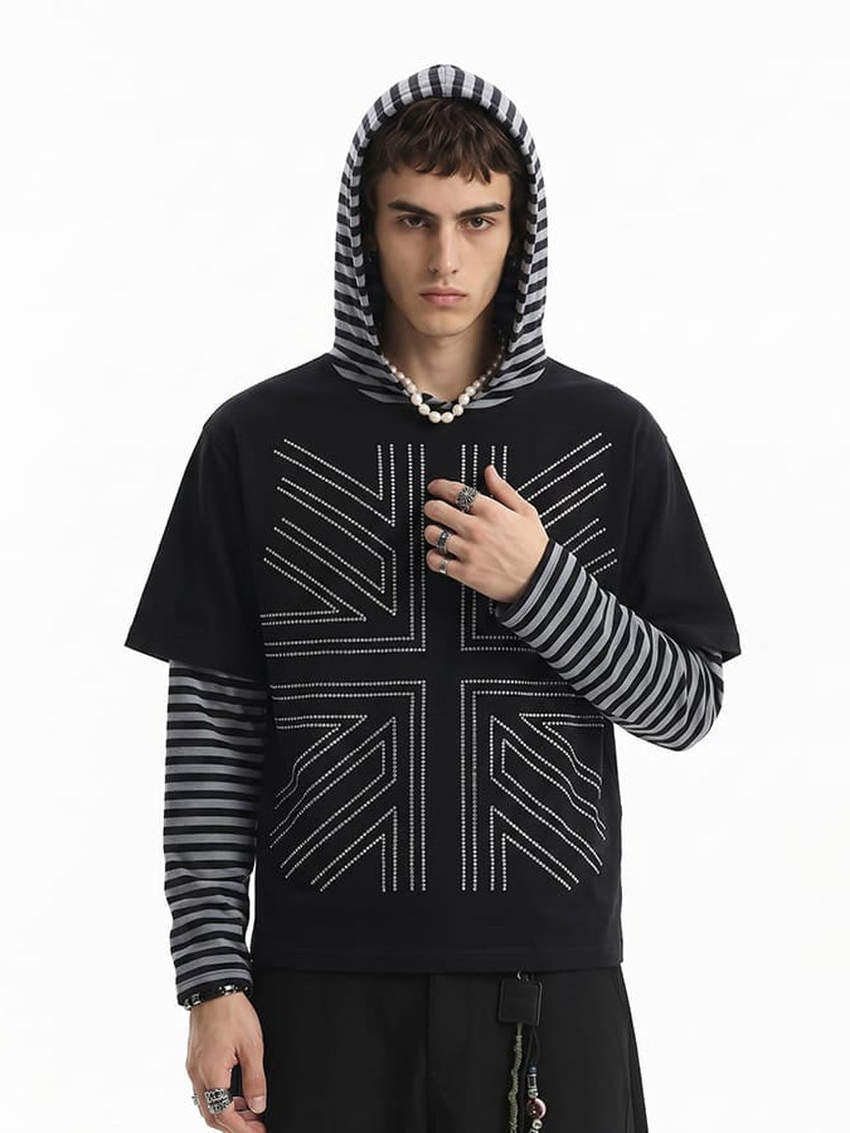 Double Layer Striped Sleeve Hoodie – Black, on model front | XoKool