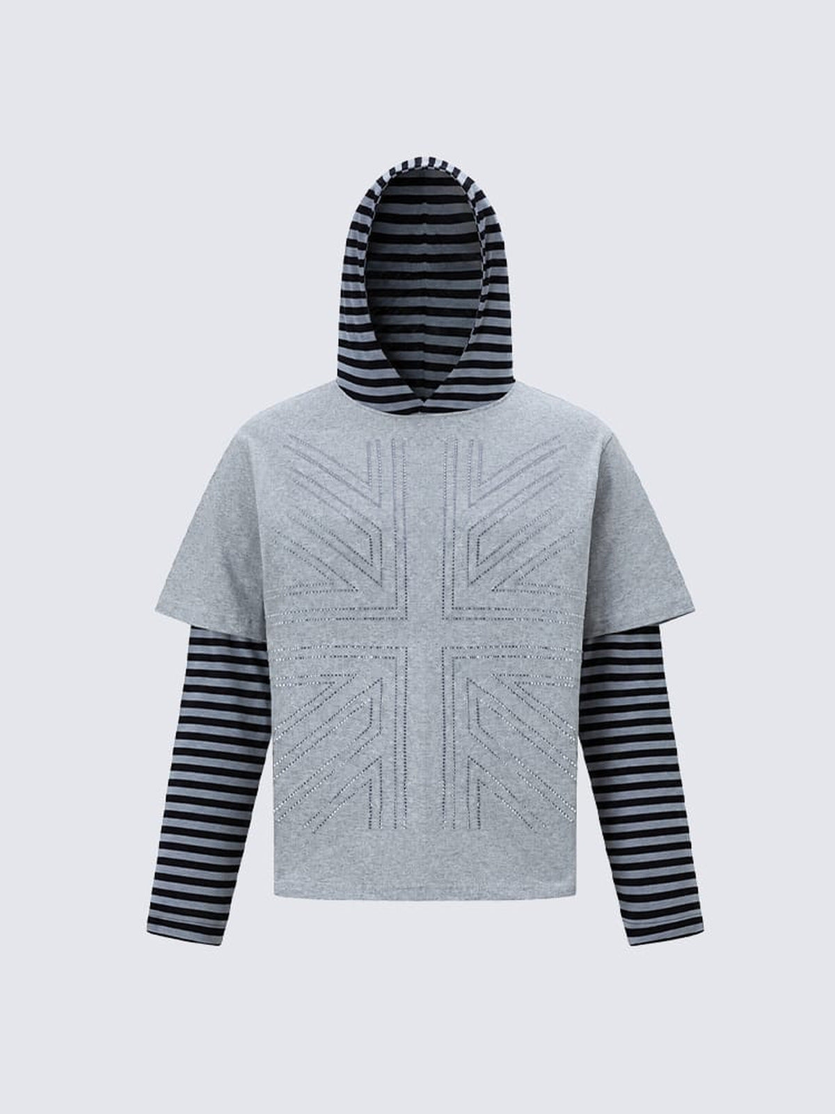 Double Layer Striped Sleeve Hoodie – Heather Grey, front view | XoKool