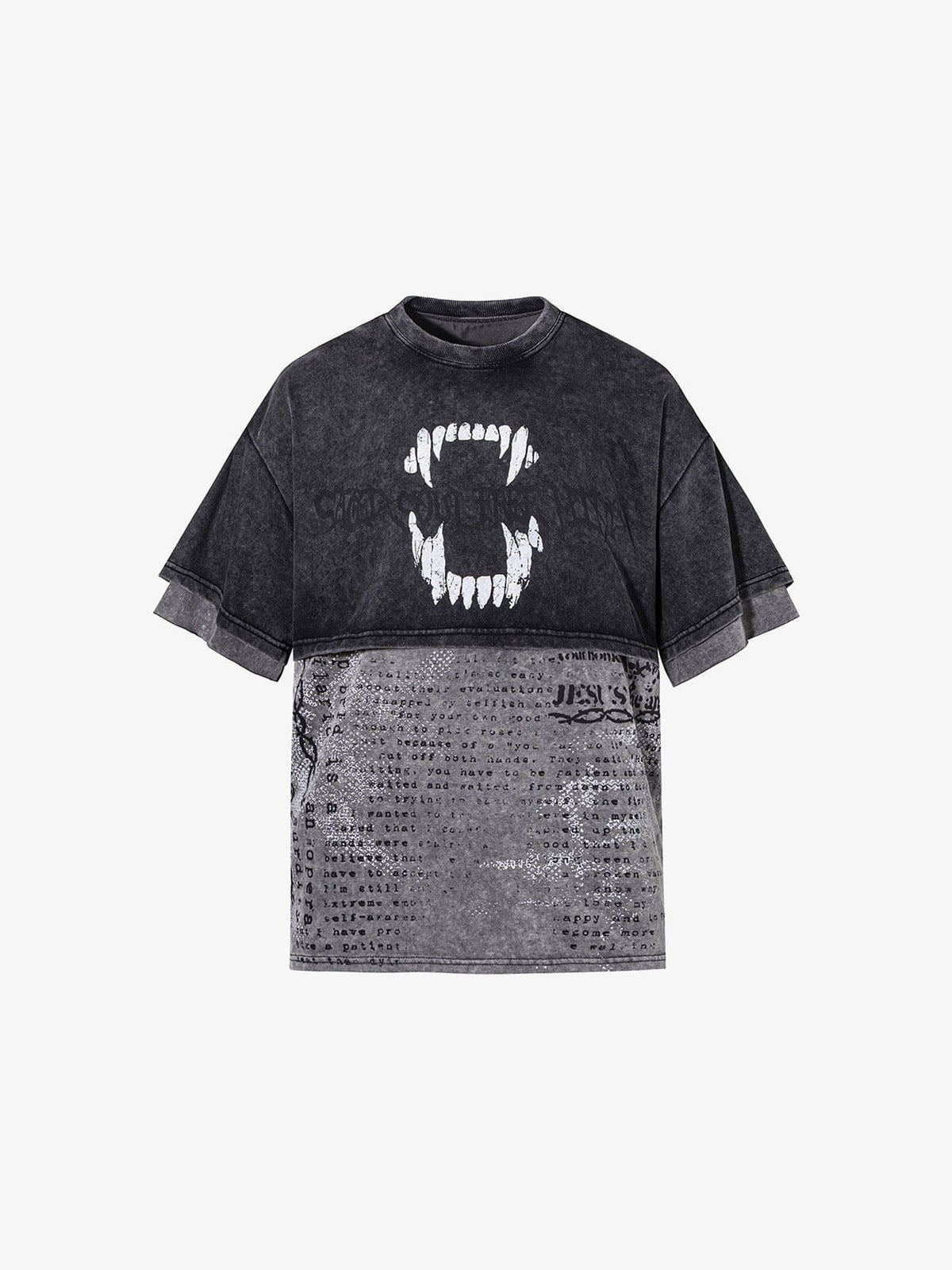 Double Layer T Shirt with Vampire Fangs Graphic – front, flat | XoKool