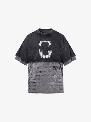 Double Layer T Shirt with Vampire Fangs Graphic – front, flat | XoKool