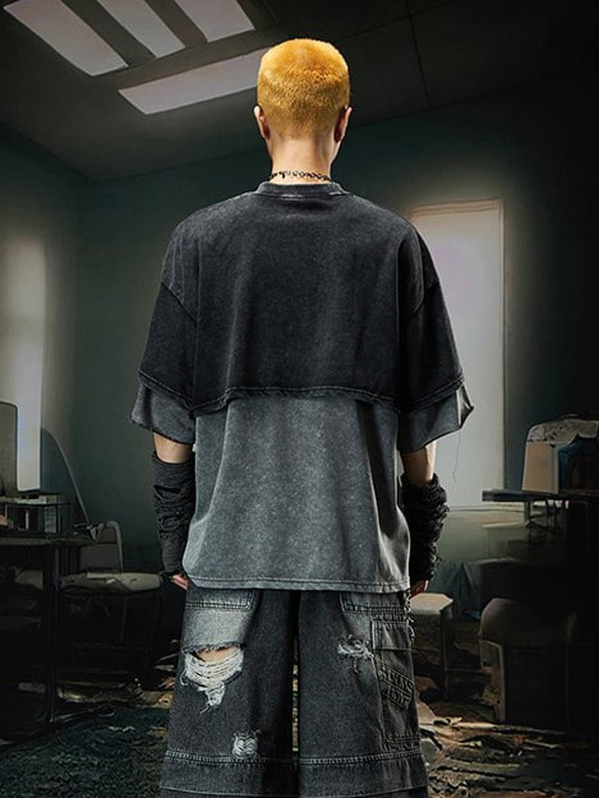 Double Layer T Shirt with Vampire Fangs Graphic – on model back | XoKool