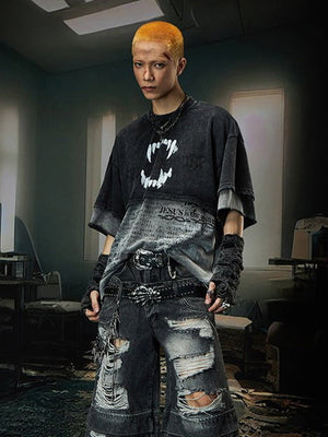 Double Layer T Shirt with Vampire Fangs Graphic – on model front | XoKool