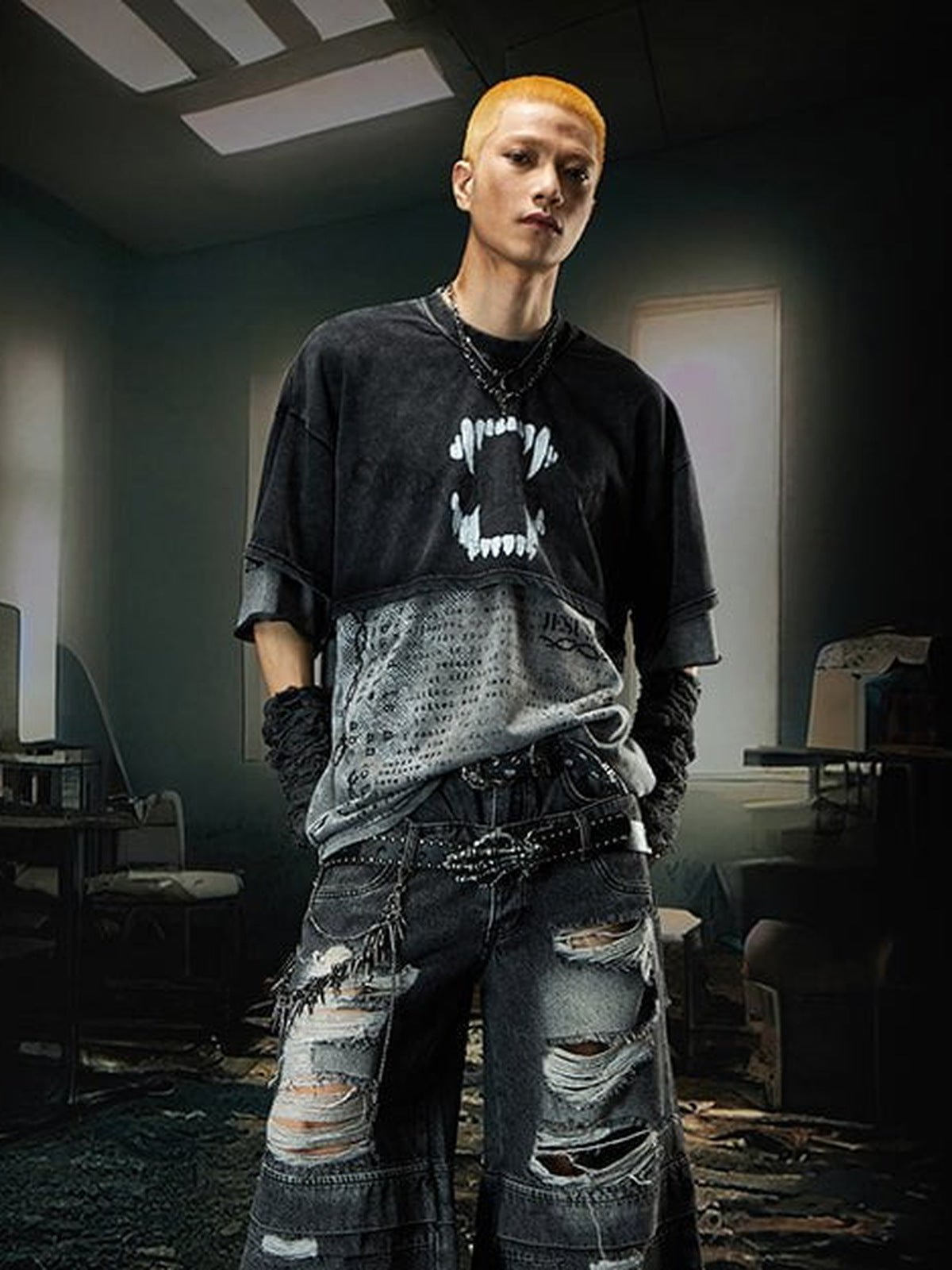 Double Layer T Shirt with Vampire Fangs Graphic – on model front | XoKool