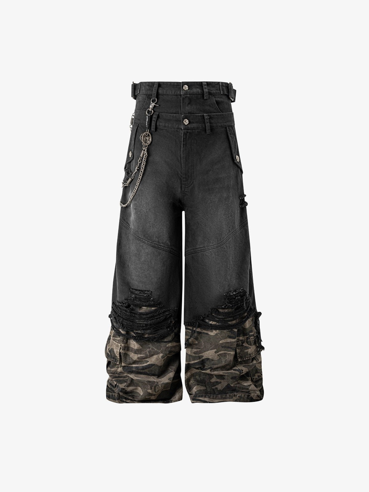 Distressed Jeans in Schwarz mit doppeltem Bund und Camo-Saum – Vorderansicht | XoKool