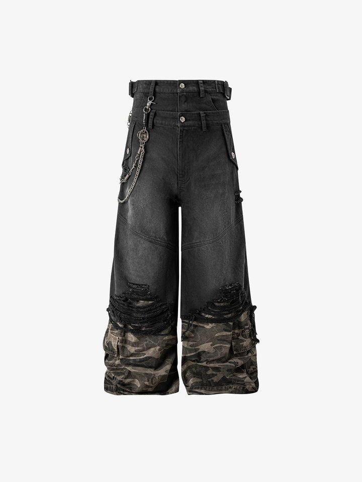 Distressed Schwarze Jeans mit doppeltem Bund und Camo-Saum