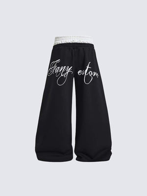 Pantalones deportivos de pierna ancha con doble cintura y estampado de letras – negro, vista trasera | XoKool