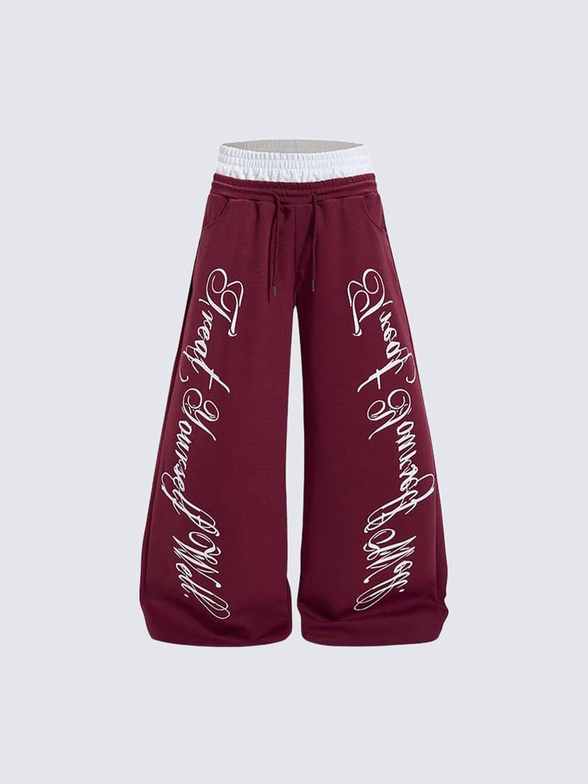Pantalones deportivos de pierna ancha con doble cintura y estampado de letras – burdeos, vista frontal | XoKool