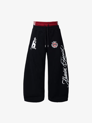 Double Waistband Sweatpants with Lion Graphic – Black, front flat | XoKool
