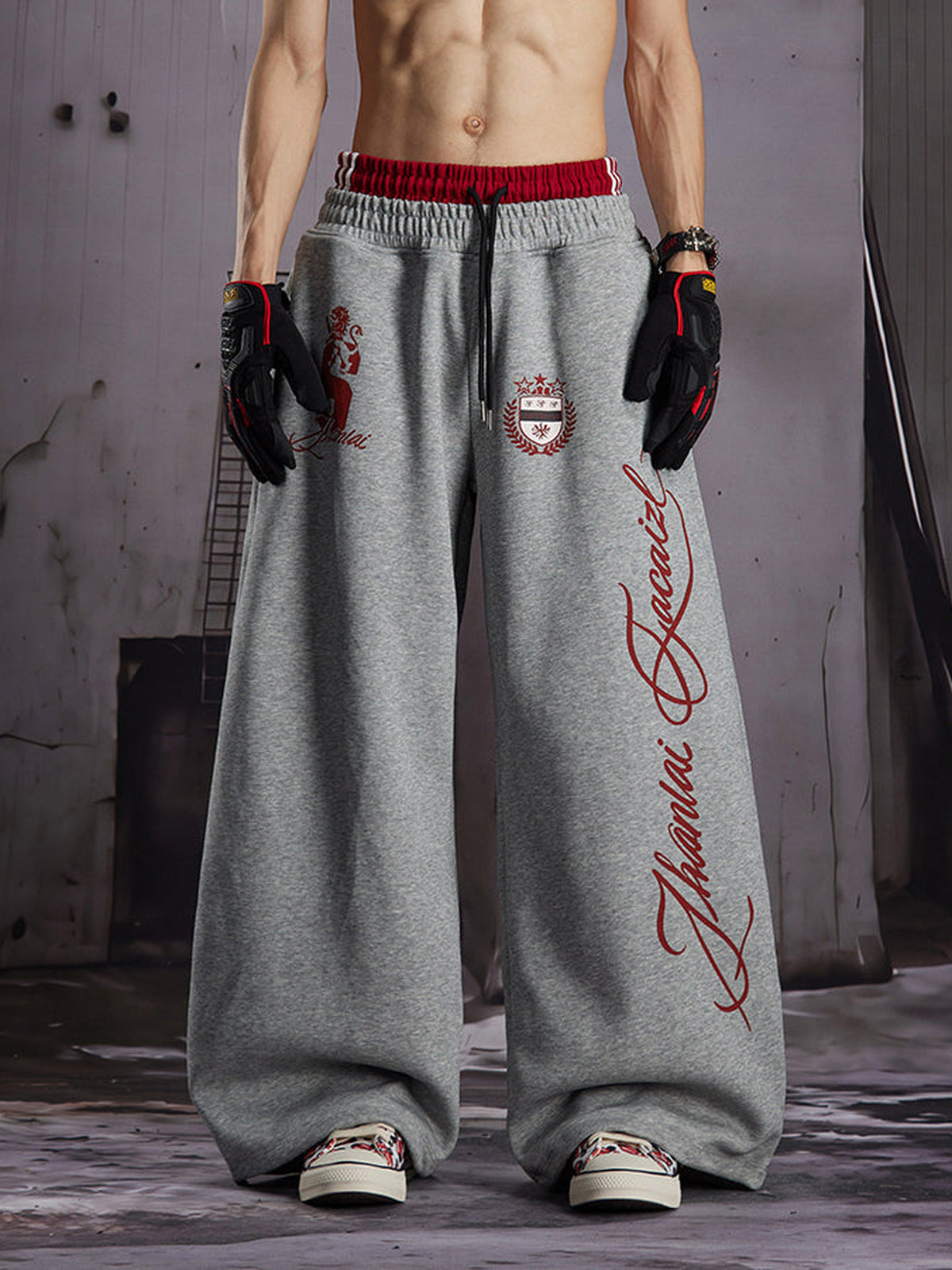 Lion Graphic Sweatpants – on model, Grey front | XoKool