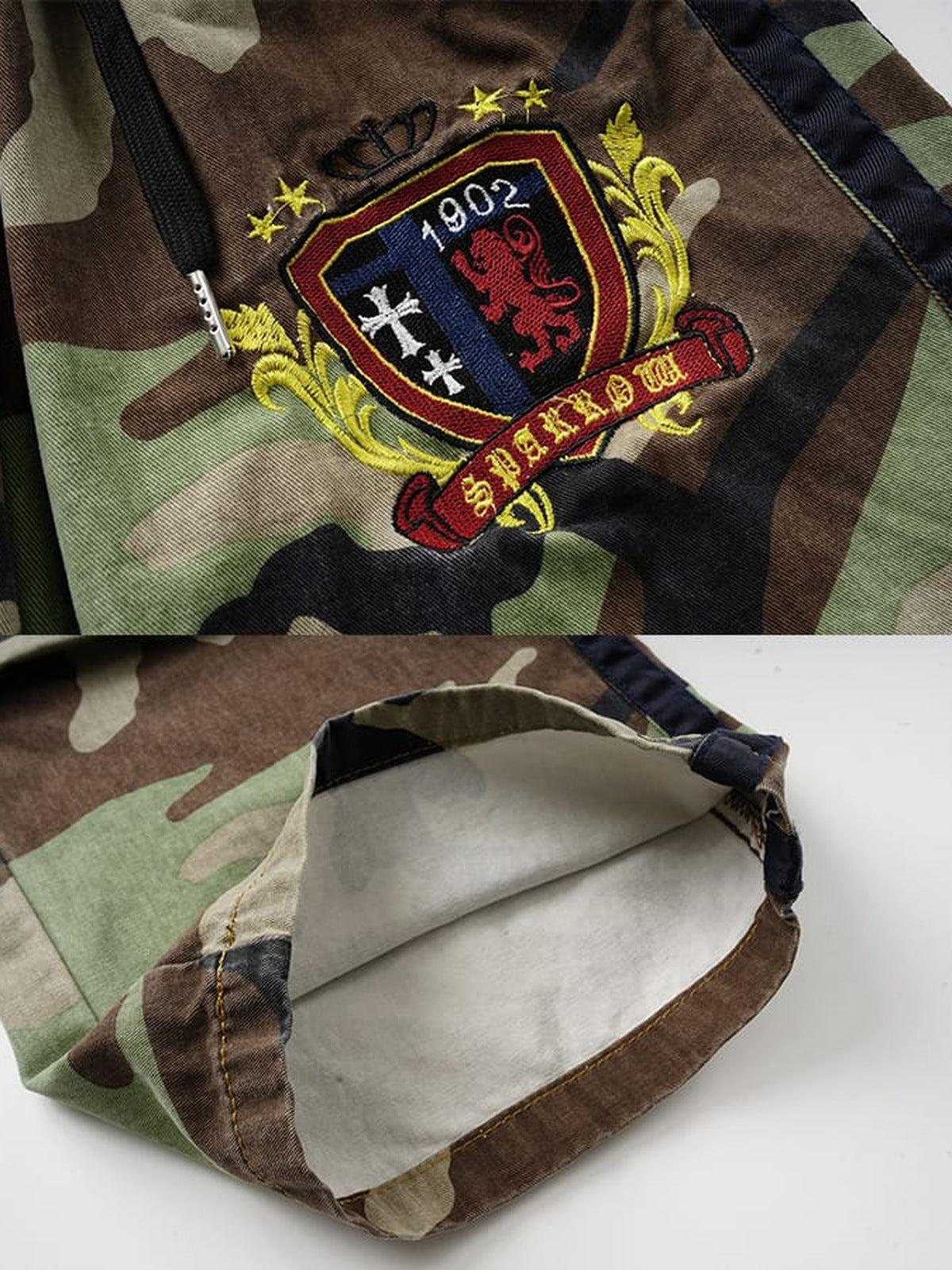 Pantalones deportivos de camuflaje – Detalle del bordado del escudo y el dobladillo | XoKool