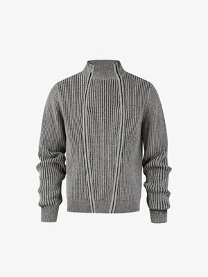 Double Zip Ribbed Mock Neck Sweater – Grey, front view | XoKool