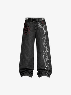 Dragon Embroidered Black Baggy Jeans – front flat lay with belt | XoKool