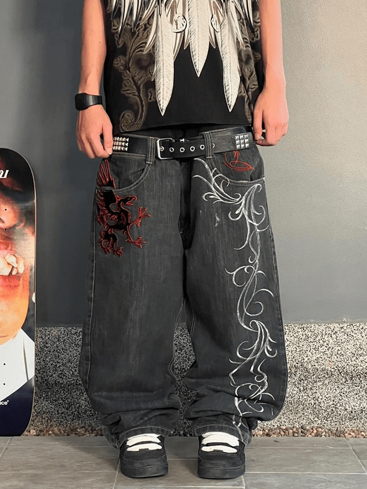 Dragon Embroidered Black Baggy Jeans – on model, front close, street | XoKool