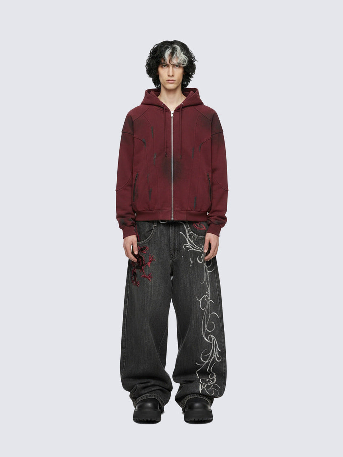 Dragon Embroidered Black Baggy Jeans – on model, front | XoKool