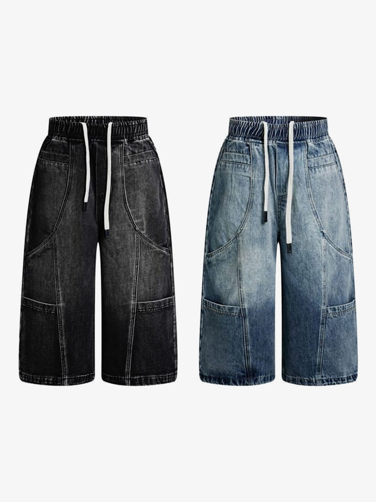 Drawstring Long Jorts – Black and Blue, front flat lay side by side | XoKool