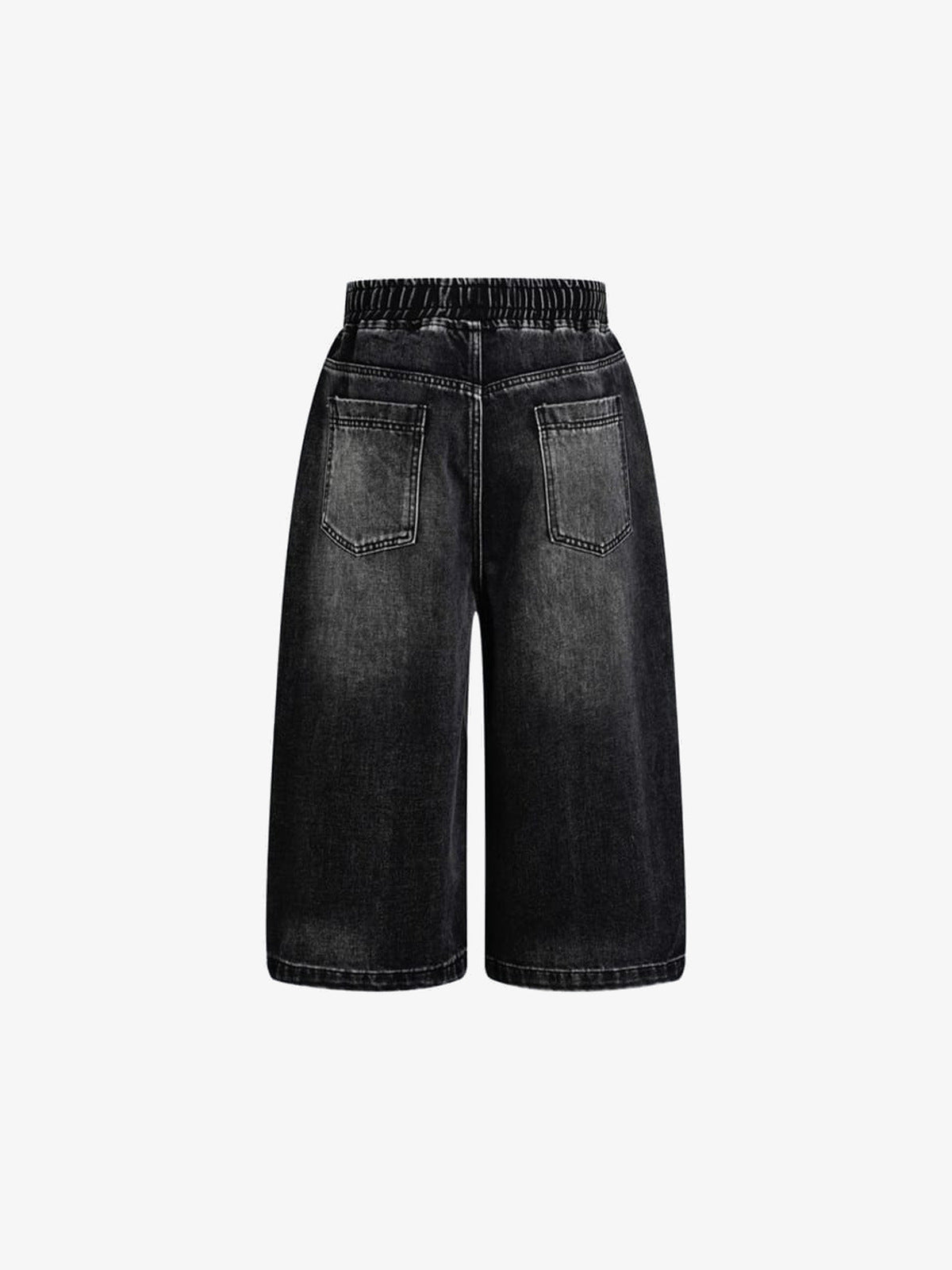 Drawstring Long Jorts with Curved Knee Panels – Black, back flat lay | XoKool