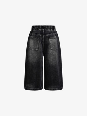 Drawstring Long Jorts with Curved Knee Panels – Black, back flat lay | XoKool