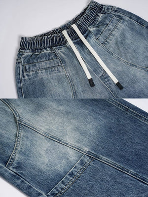 Drawstring Long Jorts – Blue, drawstring waist and knee panel close-up | XoKool