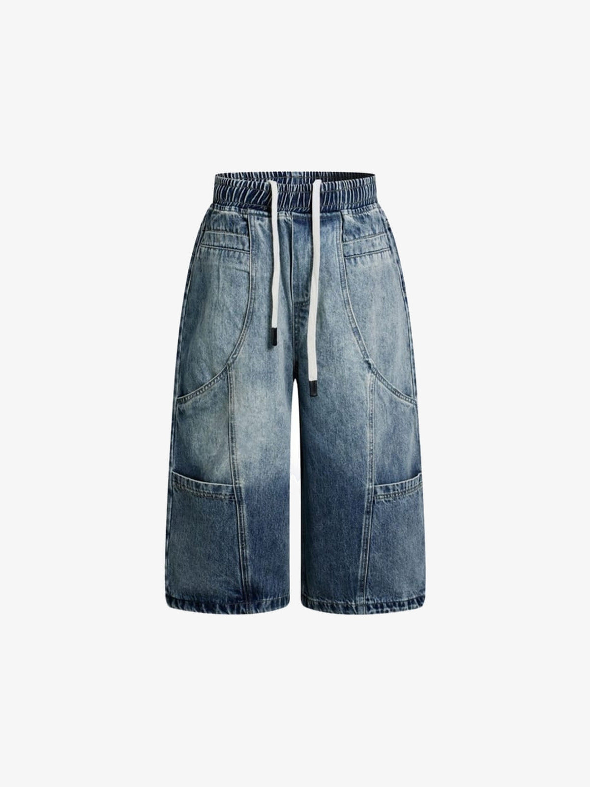 Drawstring Long Jorts with Curved Knee Panels – Blue, front flat lay | XoKool