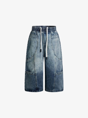 Drawstring Long Jorts with Curved Knee Panels – Blue, front flat lay | XoKool