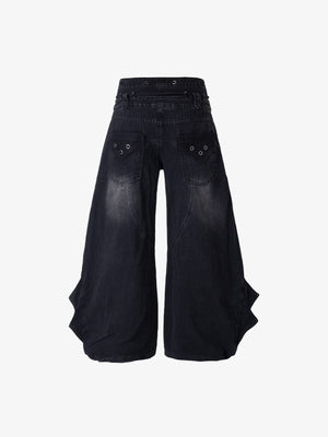 Drawstring wide leg jeans – Black, back flat | XoKool