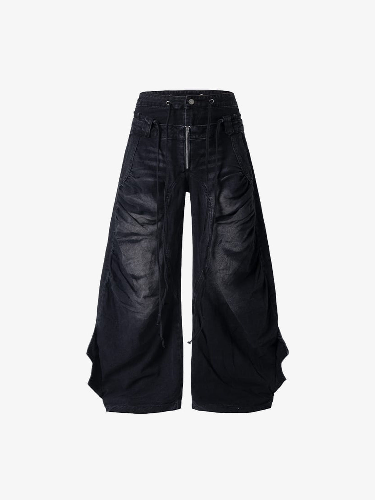 Drawstring Wide Leg Jeans with Flared Side Panels – Black, front flat | XoKool
