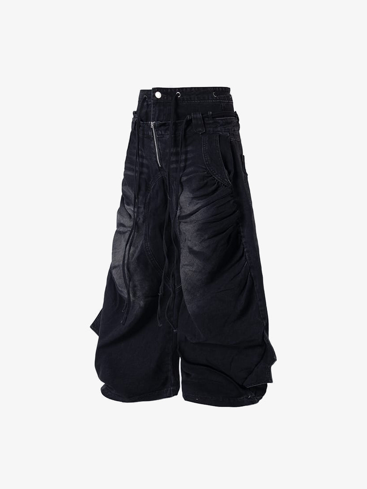 Drawstring Wide Leg Jeans with Flared Side Panels – Black, side flat | XoKool