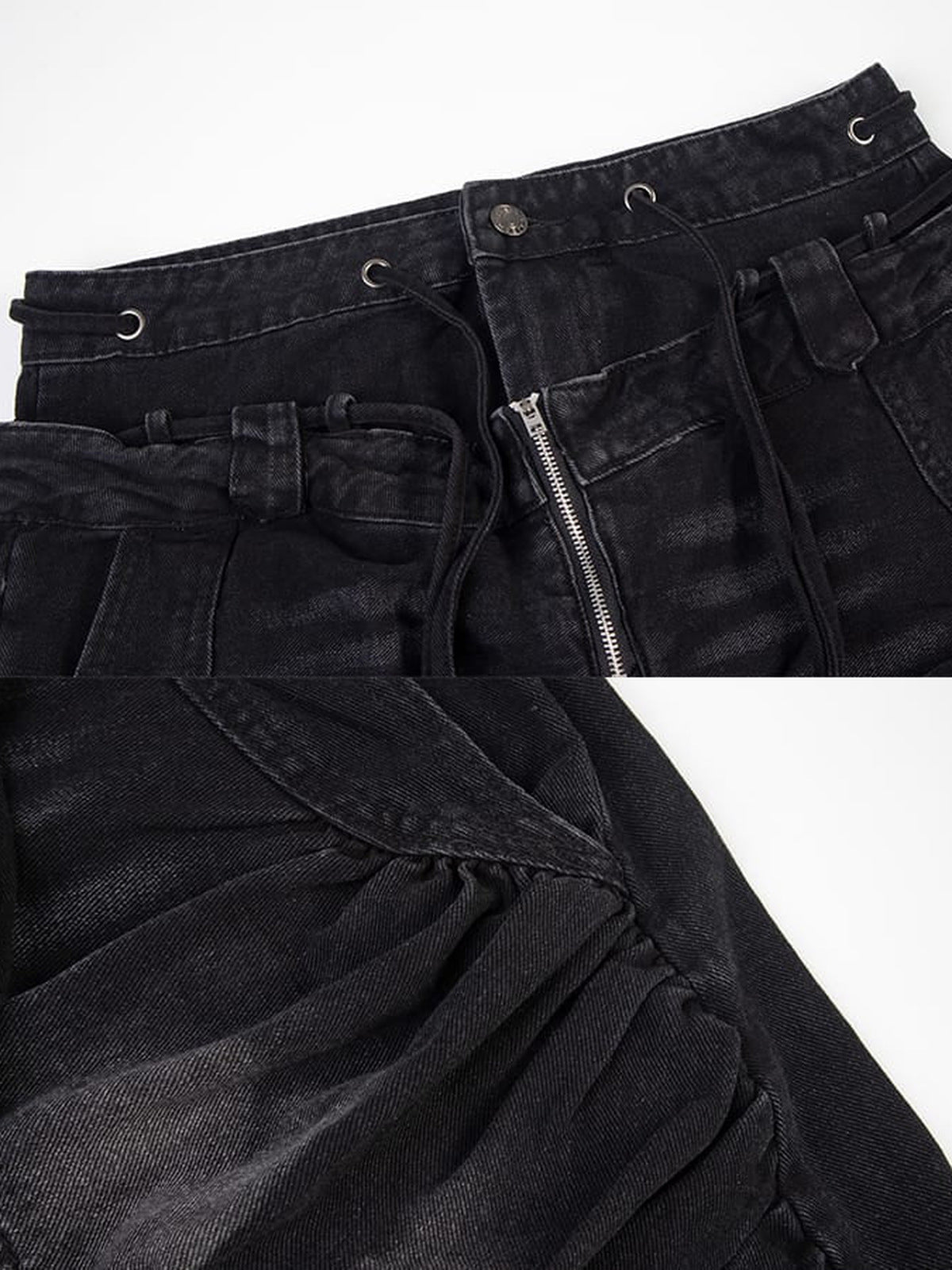 Drawstring wide leg jeans – Black waist & zip close-up | XoKool