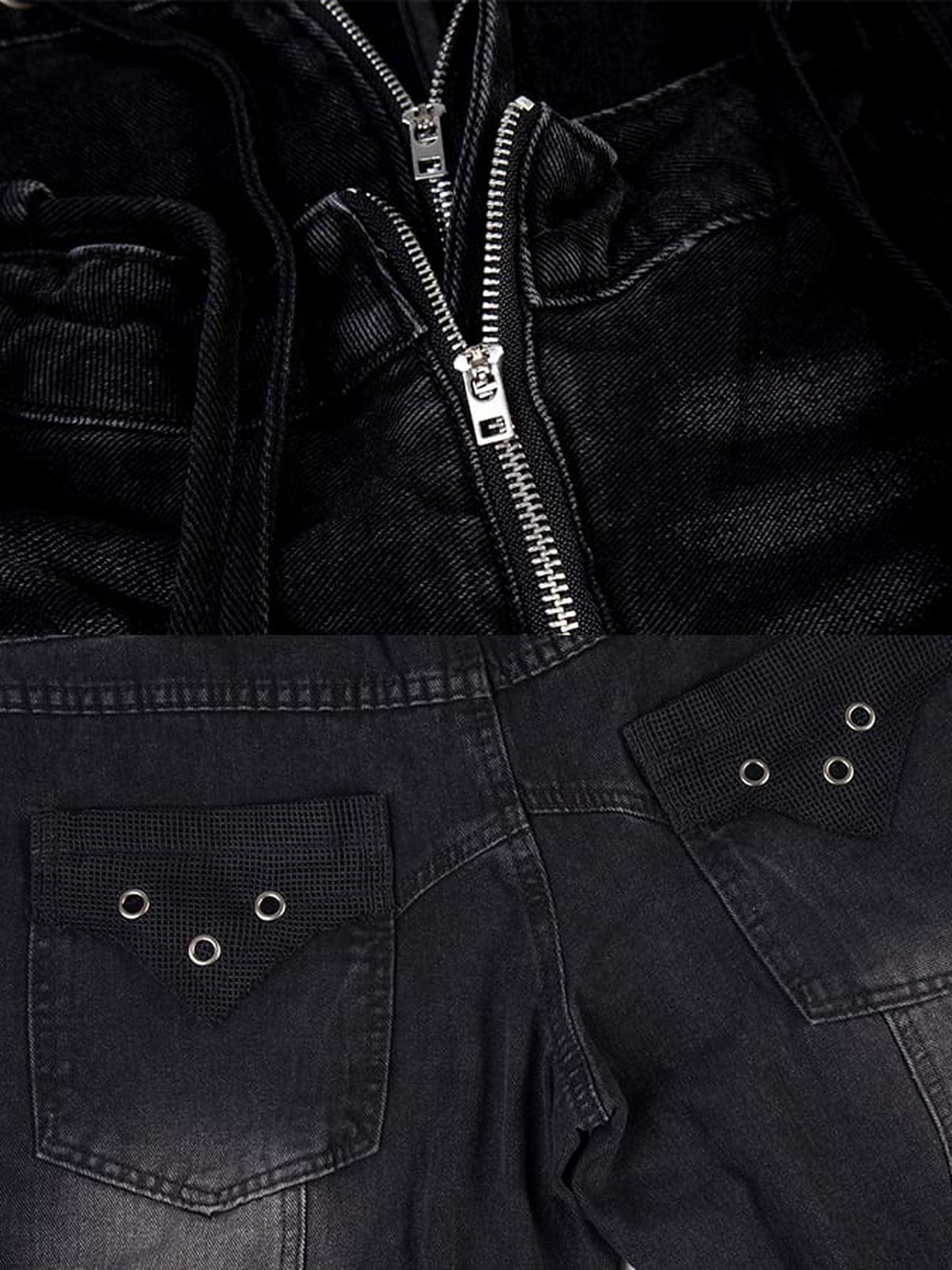 Drawstring wide leg jeans – Black zip & back pocket close-up | XoKool