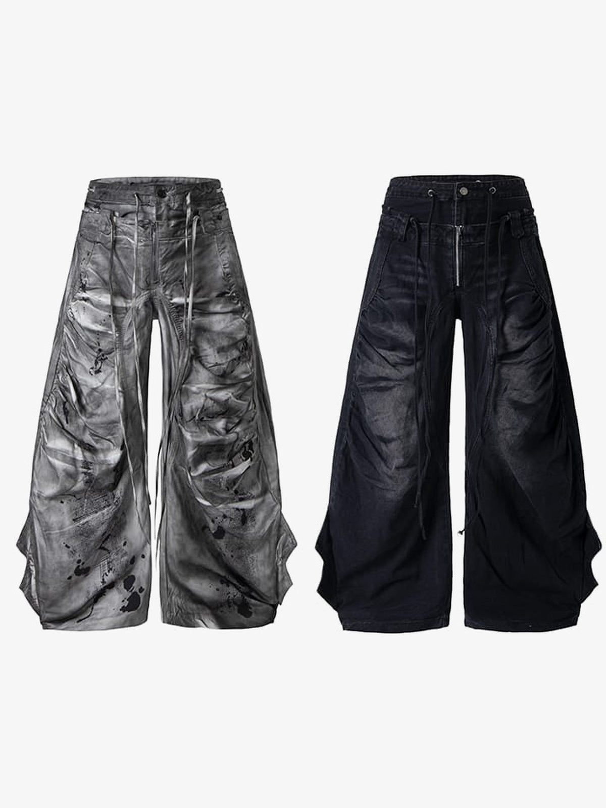 Drawstring wide leg jeans – Washed Grey + Black, front | XoKool