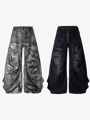 Drawstring wide leg jeans – Washed Grey + Black, front | XoKool