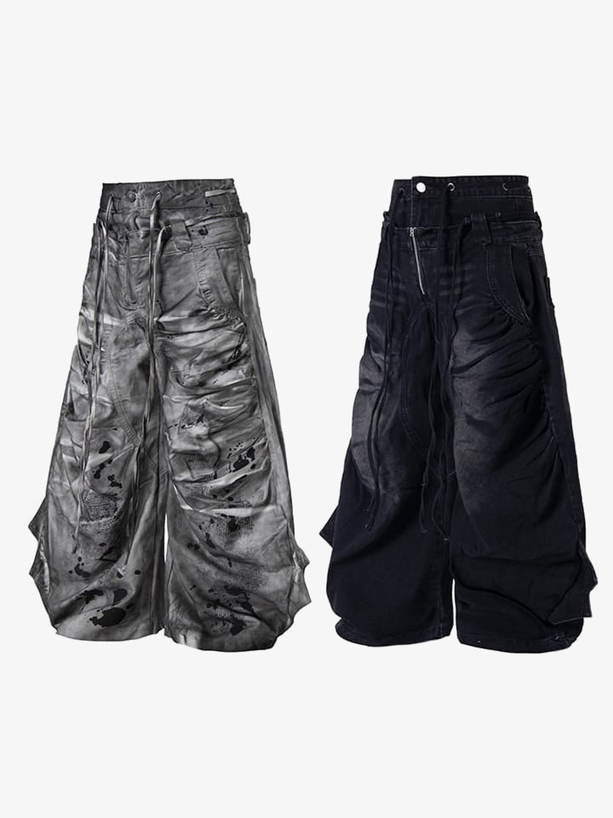 Drawstring wide leg jeans – Washed Grey + Black, side | XoKool