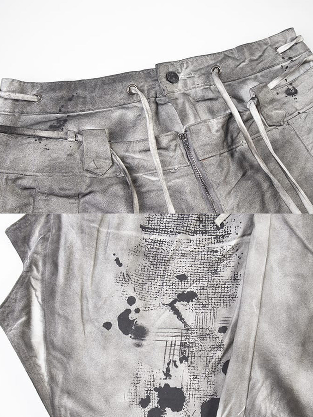 Drawstring wide leg jeans – Washed Grey waistband & splatter close-up | XoKool