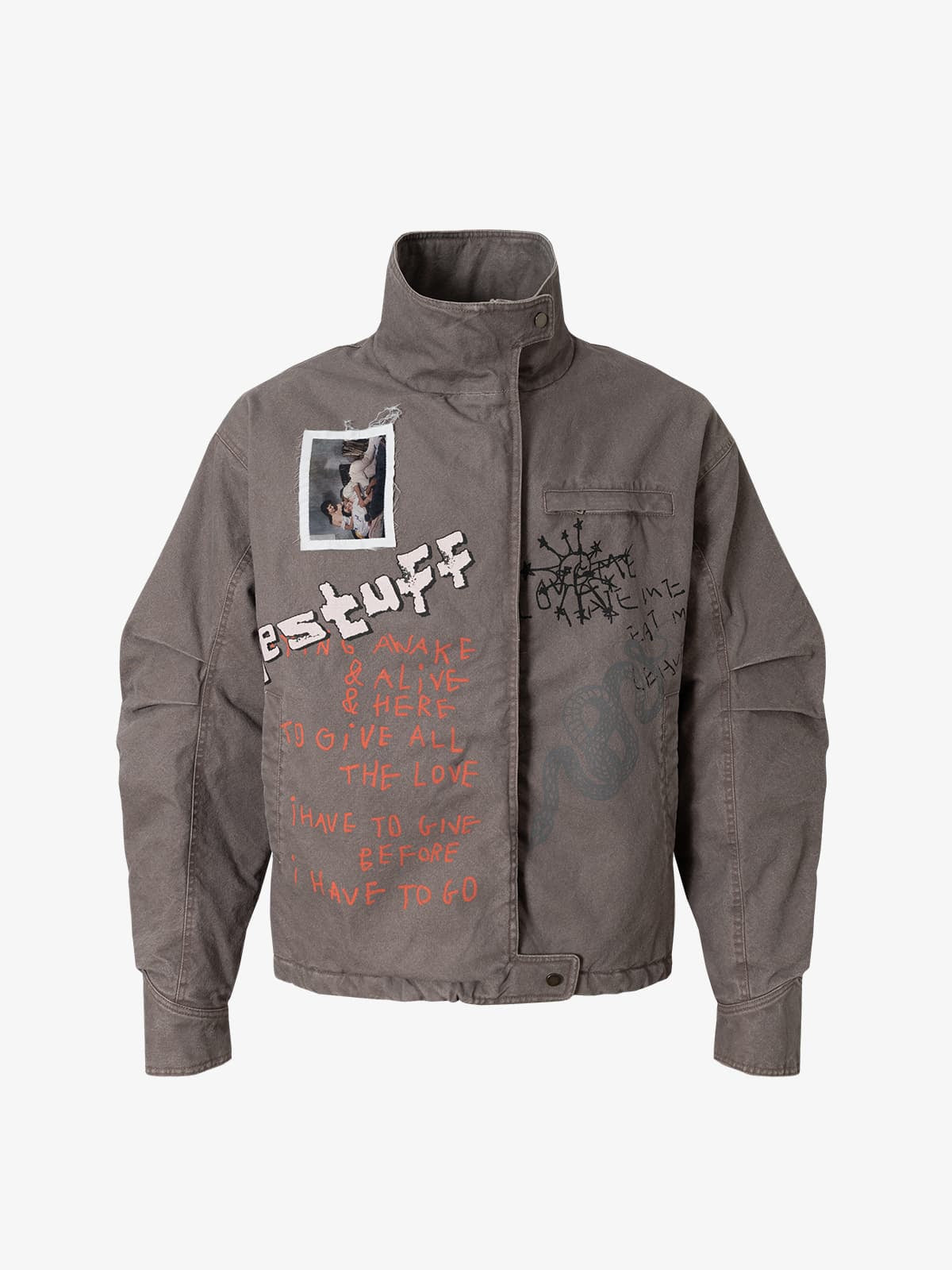 Street Graffiti Distressed High-Neck Padded Cotton Jacket