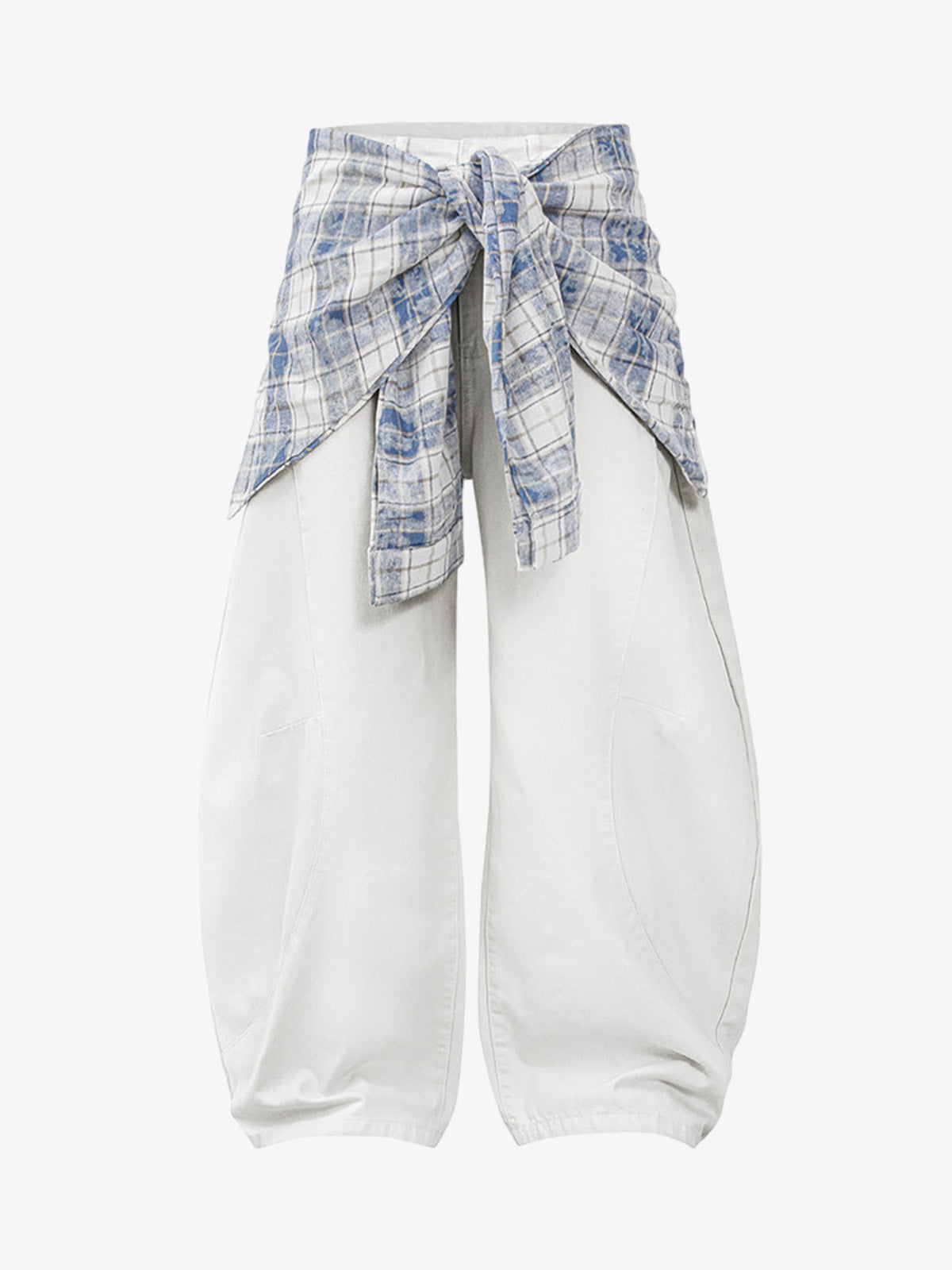 Layered Plaid Shirt-Tied Waist Barrel Jeans