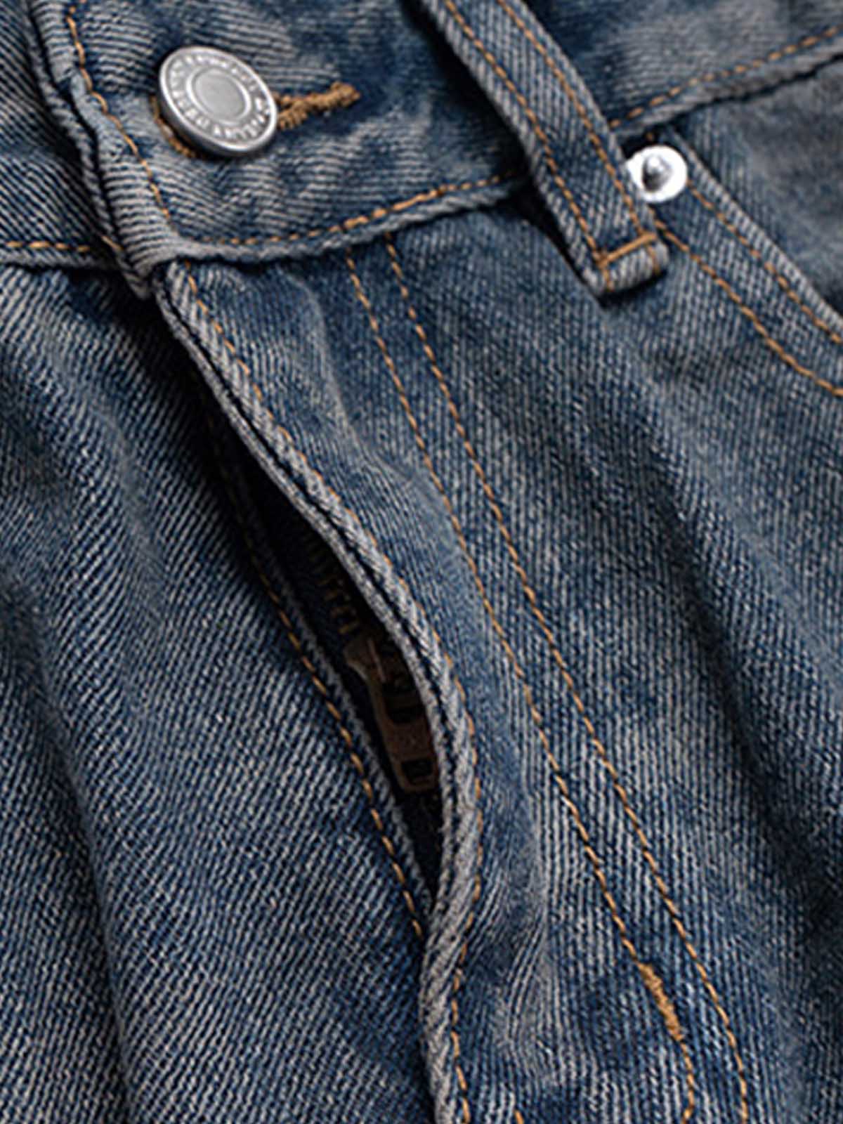 Blue Baggy Jeans with Ink Stain Splash – fly close-up | XoKool