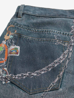 Ripped Baggy Jeans with Charm Print – back pocket chain print close-up | XoKool