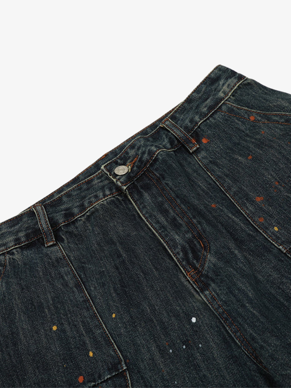 Dark Wash Barrel Jeans mit Farbspritzern – Bund Nahaufnahme | XoKool