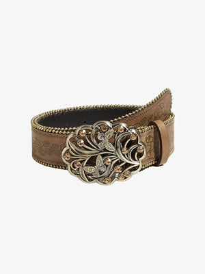 Cinturón western con flores en relieve y hebilla de mariposa – vista frontal enrollado | XoKool