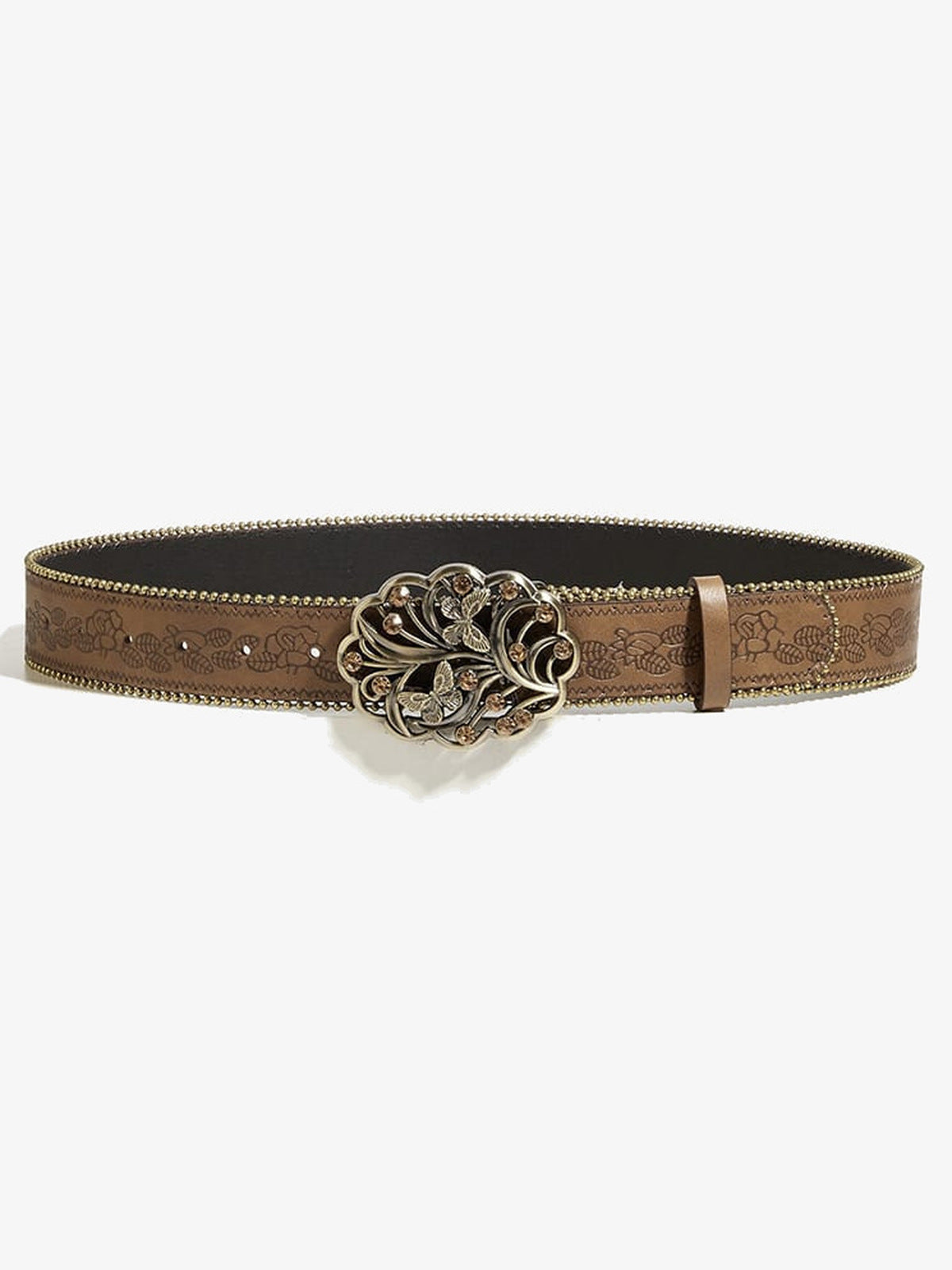 Cinturón western con flores en relieve y hebilla de mariposa – vista frontal completa | XoKool