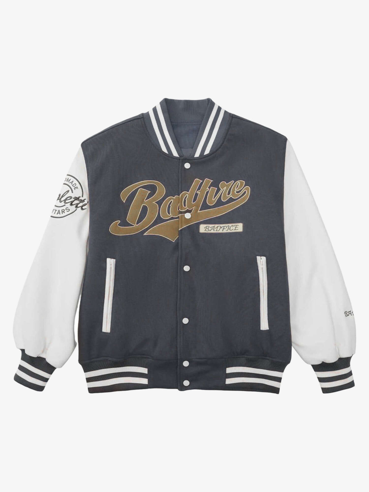 Grey Varsity Jacket with Script Embroidery – Charcoal/cream, flat front | XoKool